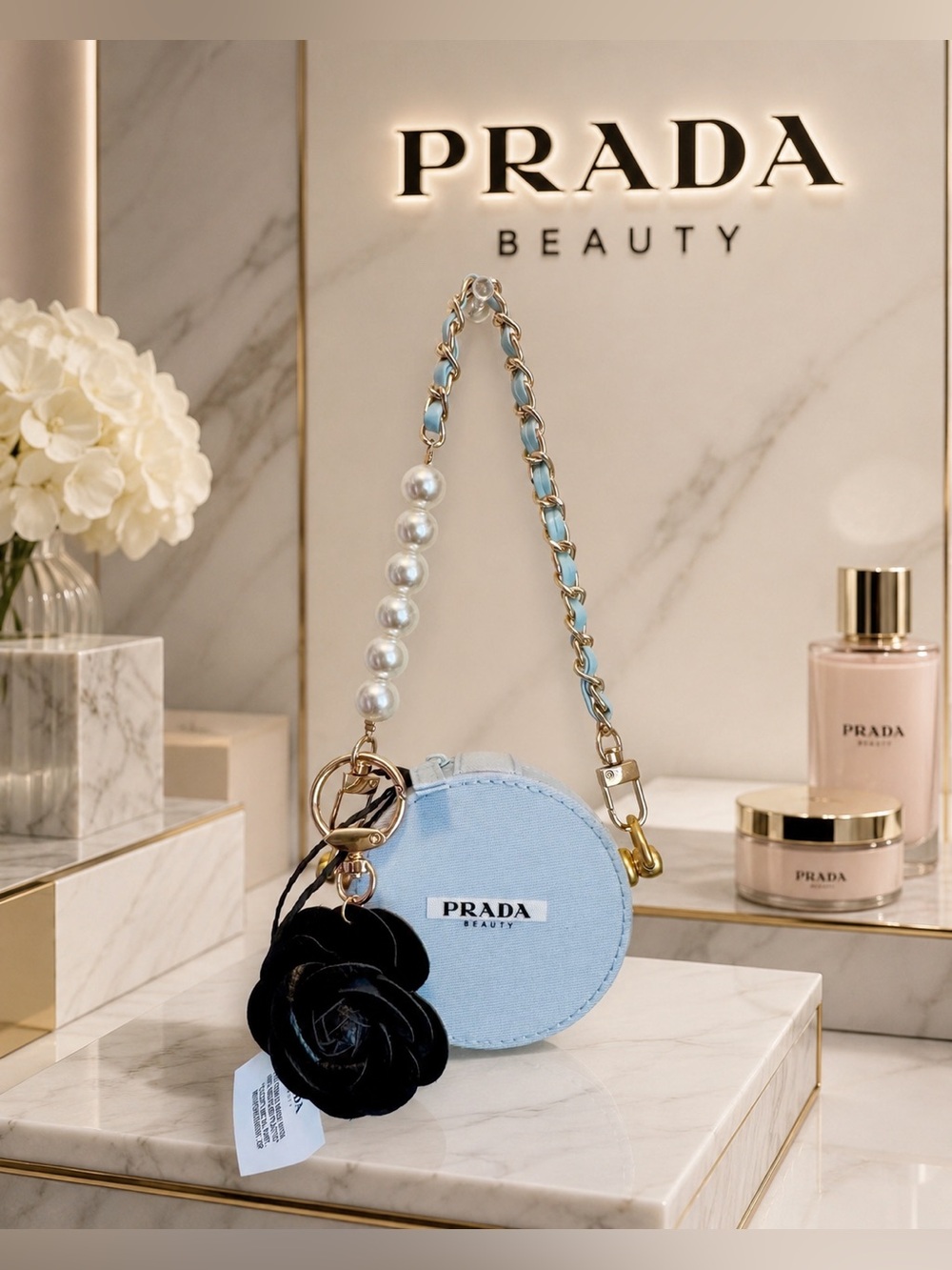 Prada Beauty Light Blue Round Pouch with gold chain Pearl Strap